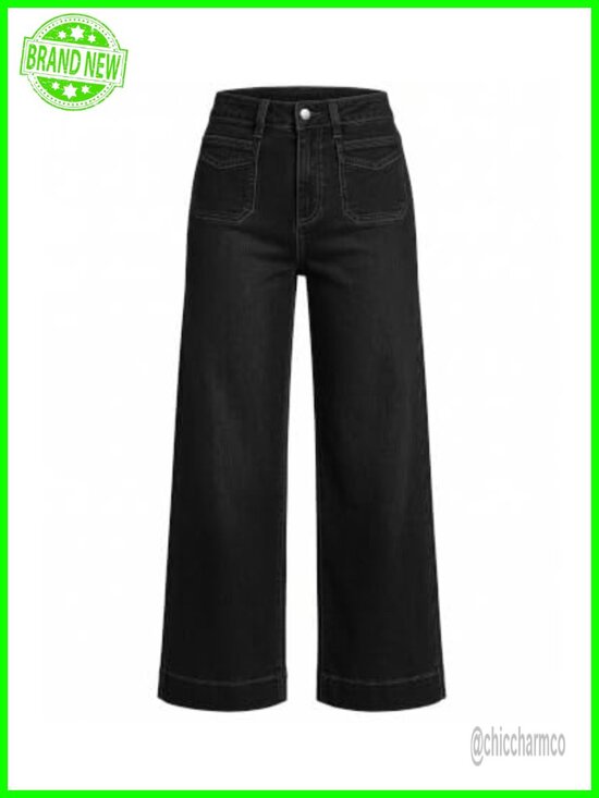 Denim - High Waisted Wide Leg Cropped Jeans Stretchy Denim Pants Trouser